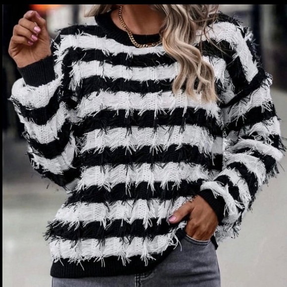 SHEIN Striped Fringe Trim Sweater | Cozy Knit Pullover - Picture 2 of 6